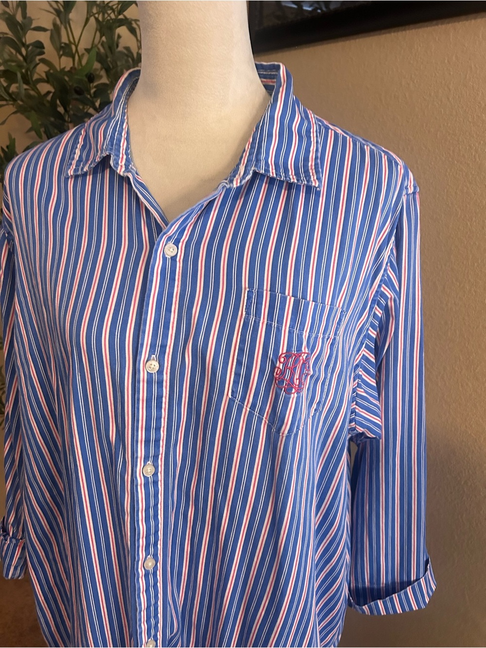 Lauren Ralph Lauren Button Up Sleep Shirt Blue Pink Stripes Women’s Size XL - Picture 10 of 11